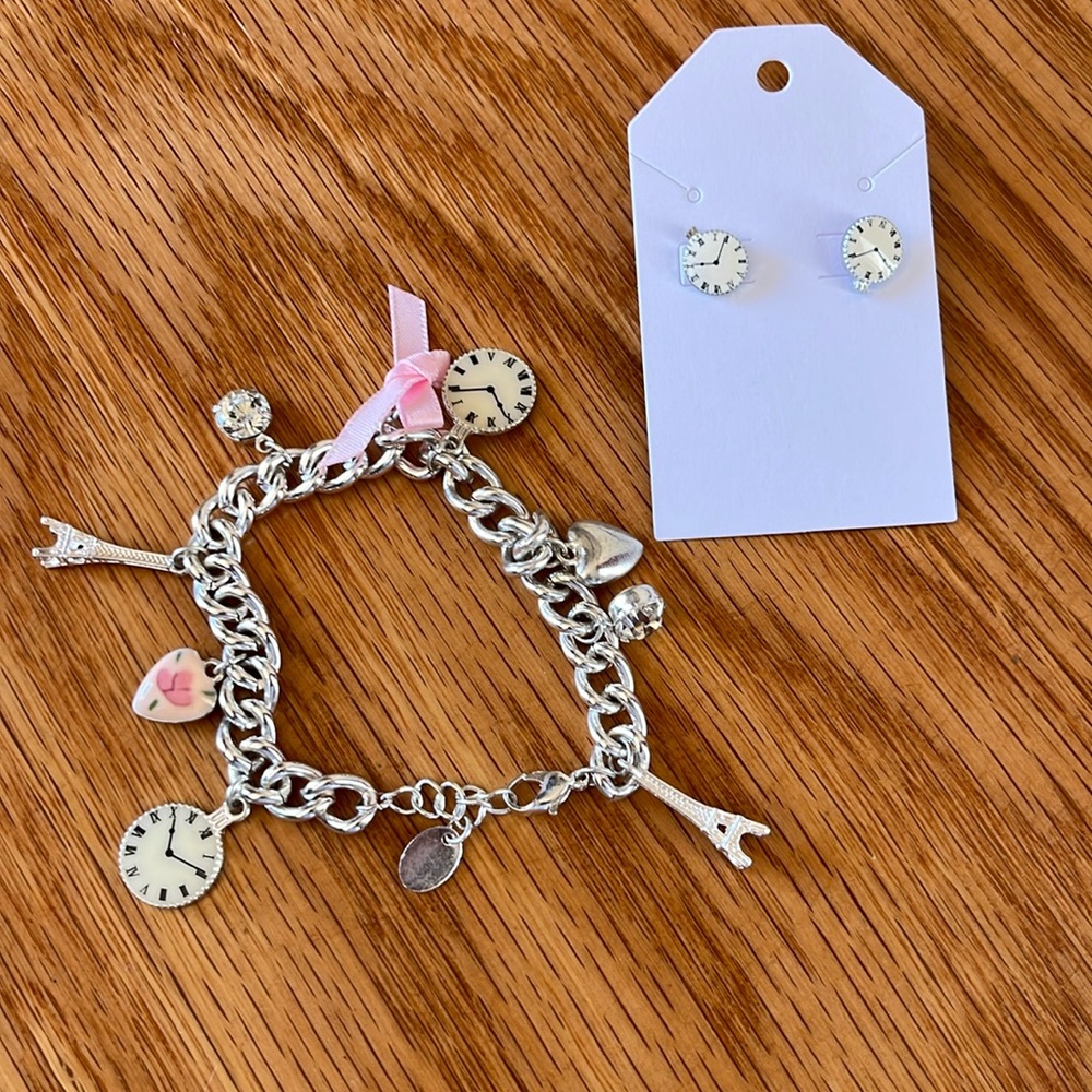 Paris/Clock/Heart bracelet & earring set